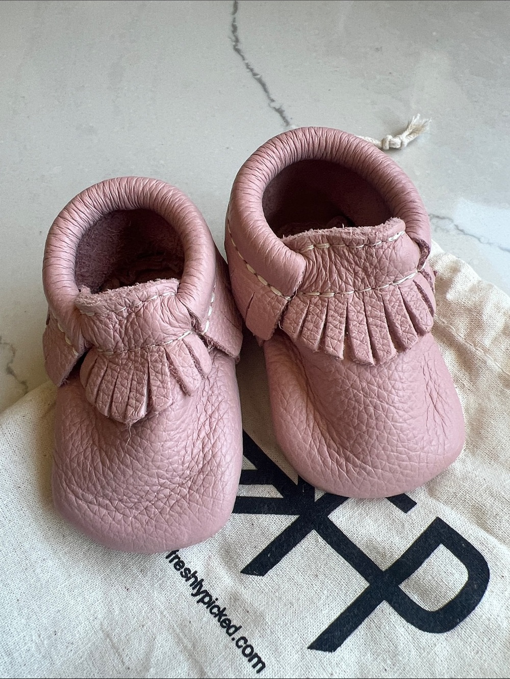 Freshly Picked Blush Pink Leather Zion Fringe Baby Moccasins